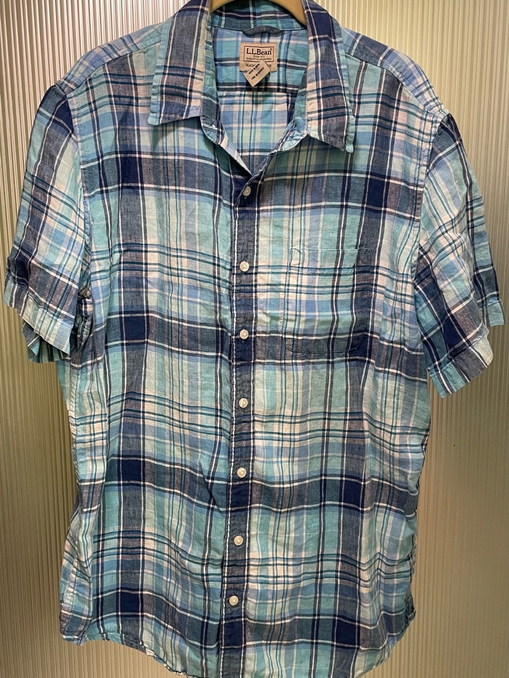 LL Bean Linen Slightly Fitted Blue Plaid Short Sleeve Shirt   Mens LT